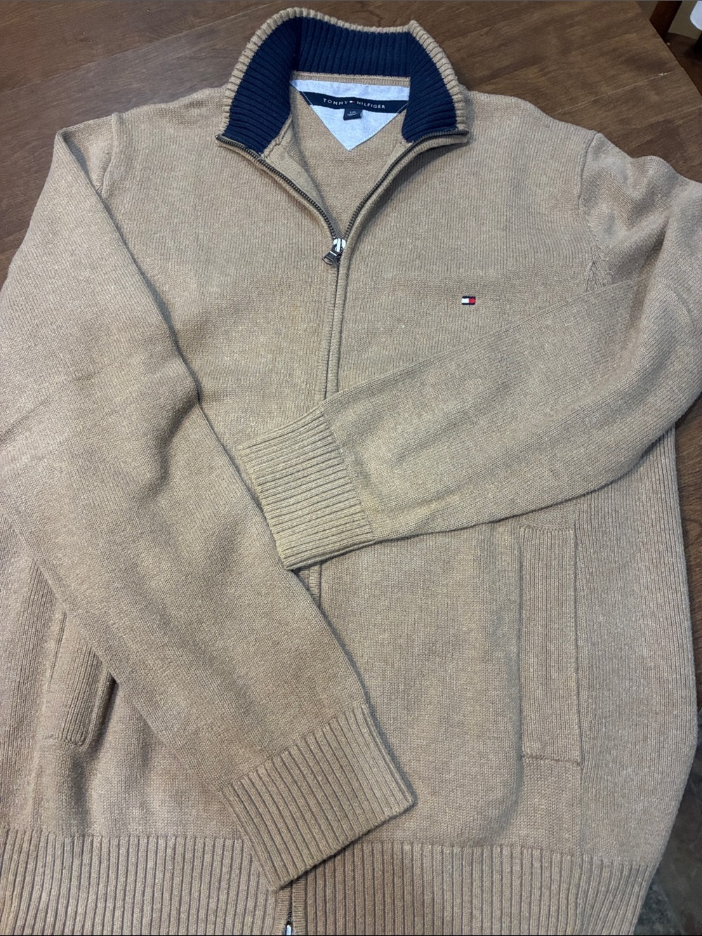 Tommy Hilfiger Men’s Tan Half-Zip Sweater with Navy Collar Detail